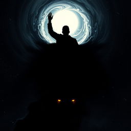 A silhouette of a man emerging from a black hole, with swirling cosmic elements and stars around the edges