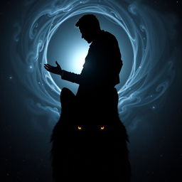 A silhouette of a man emerging from a black hole, with swirling cosmic elements and stars around the edges