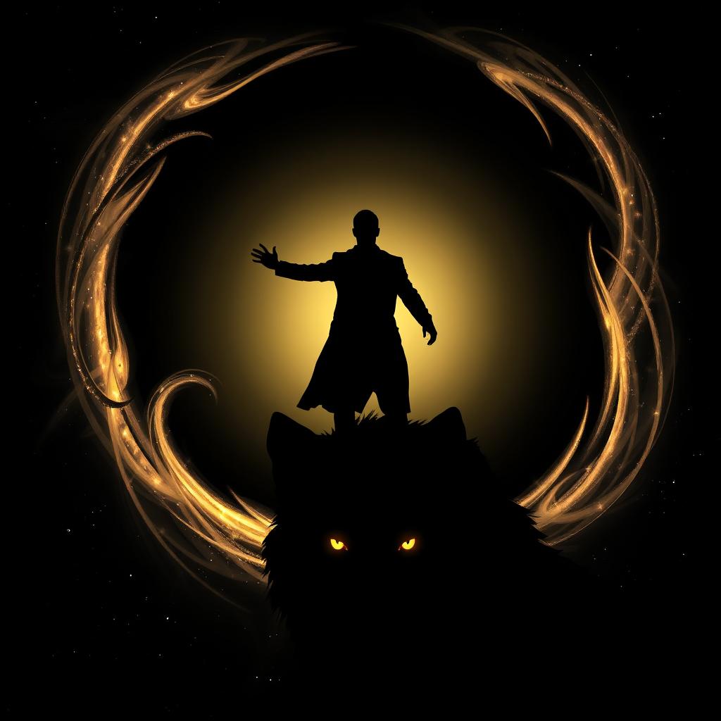 A silhouette of a man emerging from a black hole, with swirling cosmic elements and stars around the edges