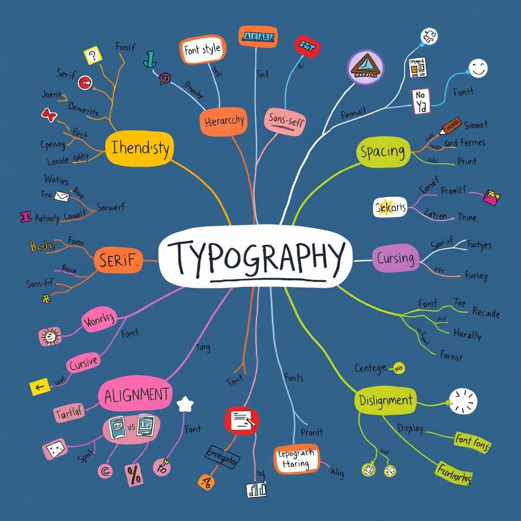 An artistic and engaging mind map focused on typography, featuring various branches illustrating key concepts such as font styles, hierarchy, spacing, and alignment