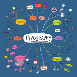 An artistic and engaging mind map focused on typography, featuring various branches illustrating key concepts such as font styles, hierarchy, spacing, and alignment