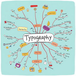 An artistic and engaging mind map focused on typography, featuring various branches illustrating key concepts such as font styles, hierarchy, spacing, and alignment