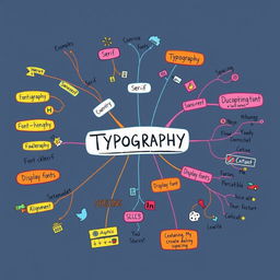 An artistic and engaging mind map focused on typography, featuring various branches illustrating key concepts such as font styles, hierarchy, spacing, and alignment