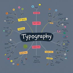 An artistic and engaging mind map focused on typography, featuring various branches illustrating key concepts such as font styles, hierarchy, spacing, and alignment