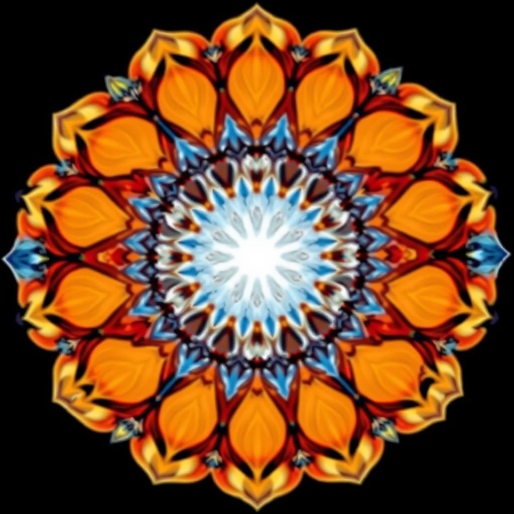 Design a mandala featuring autumn colors blended with blue, transitioning in a vertical gradient from the vibrant warm hues of fall to a crisp white and ending in black at the bottom