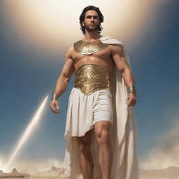 A powerful demigod standing tall, lit by epic celestial light, with a majestic aura and classical Greek attire.