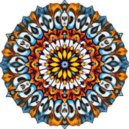 Design a mandala featuring autumn colors blended with blue, transitioning in a vertical gradient from the vibrant warm hues of fall to a crisp white and ending in black at the bottom