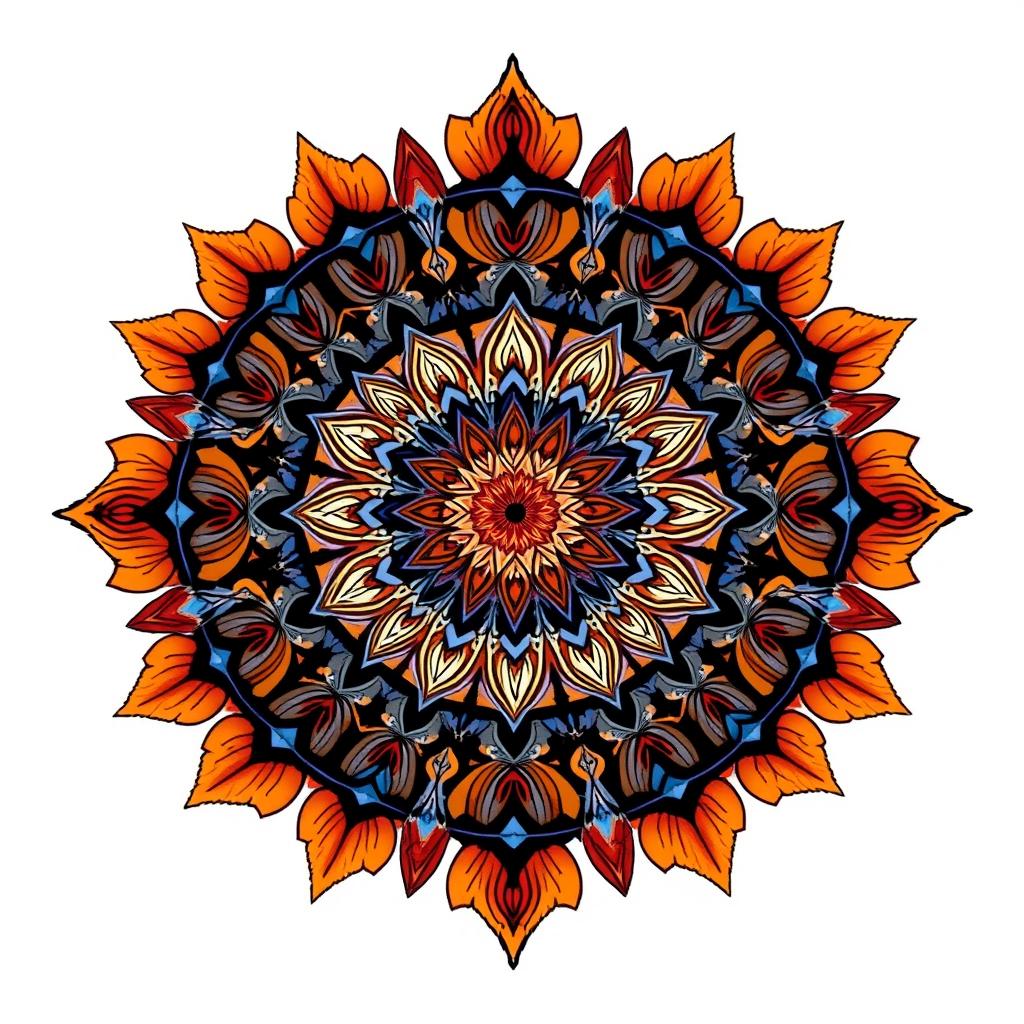 Design a mandala featuring autumn colors blended with blue, transitioning in a vertical gradient from the vibrant warm hues of fall to a crisp white and ending in black at the bottom