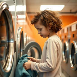 A young girl with short curly brown hair, intently putting clothes into a washing machine in a modern laundromat