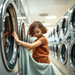 A young girl with short curly brown hair, intently putting clothes into a washing machine in a modern laundromat