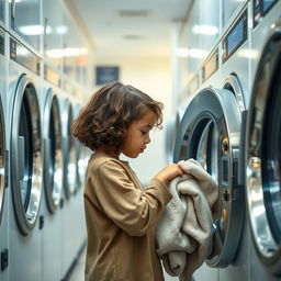 A young girl with short curly brown hair, intently putting clothes into a washing machine in a modern laundromat