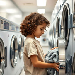 A young girl with short curly brown hair, intently putting clothes into a washing machine in a modern laundromat