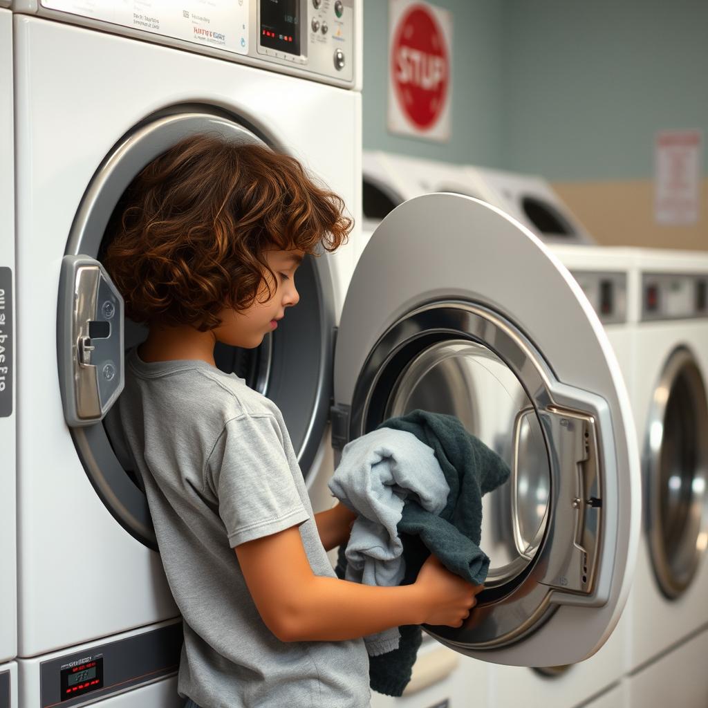 A girl with short curly brown hair, meticulously placing clothes into a washing machine in a typical laundromat