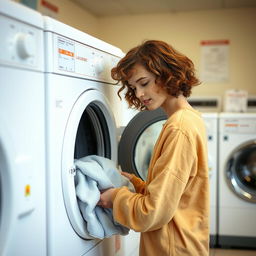 A girl with short curly brown hair, meticulously placing clothes into a washing machine in a typical laundromat