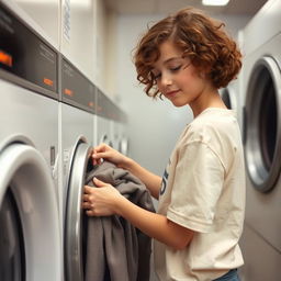 A girl with short curly brown hair, meticulously placing clothes into a washing machine in a typical laundromat