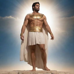 A powerful demigod standing tall, lit by epic celestial light, with a majestic aura and classical Greek attire.