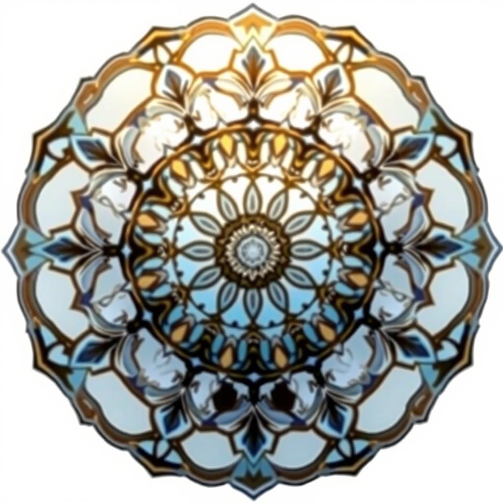 Design a mandala featuring autumn colors blended with blue, transitioning in a vertical gradient from the vibrant warm hues of fall to a crisp white and ending in black at the bottom