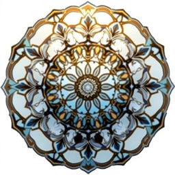 Design a mandala featuring autumn colors blended with blue, transitioning in a vertical gradient from the vibrant warm hues of fall to a crisp white and ending in black at the bottom