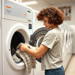 A girl with short curly brown hair, meticulously placing clothes into a washing machine in a typical laundromat