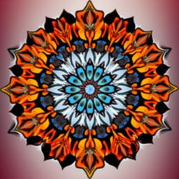 Design a mandala featuring autumn colors blended with blue, transitioning in a vertical gradient from the vibrant warm hues of fall to a crisp white and ending in black at the bottom