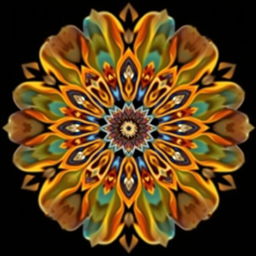 Design a mandala featuring autumn colors blended with blue, transitioning in a vertical gradient from the vibrant warm hues of fall to a crisp white and ending in black at the bottom