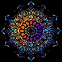 Design a mandala featuring autumn colors blended with blue, transitioning in a vertical gradient from the vibrant warm hues of fall to a crisp white and ending in black at the bottom