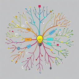 A complex and unique mind map, designed with an intricate network of interconnected nodes and branches, each representing a different idea or concept