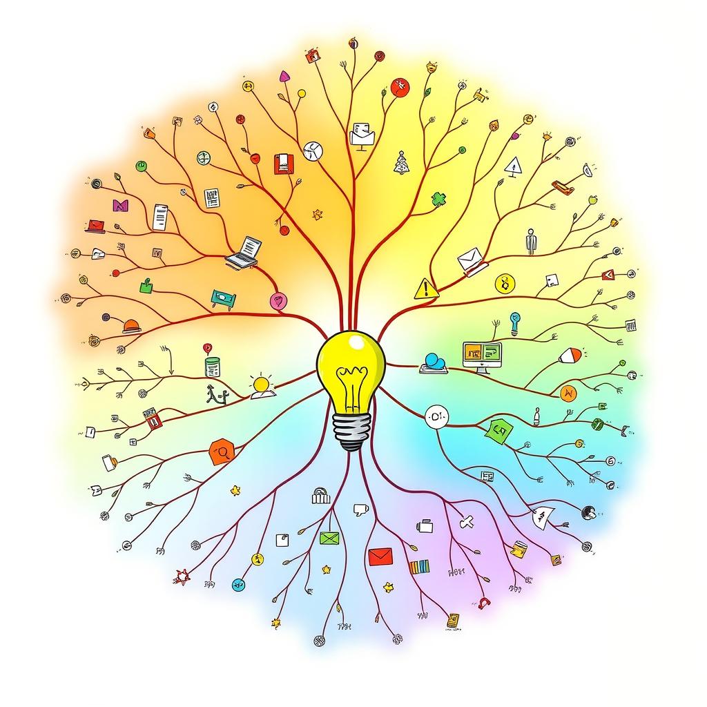 A complex and unique mind map, designed with an intricate network of interconnected nodes and branches, each representing a different idea or concept