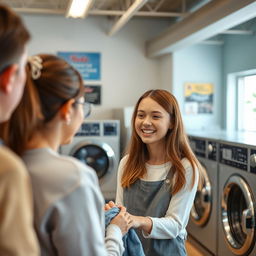 A girl with brown hair, engaging kindly with clients in a welcoming laundromat