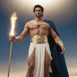 A powerful demigod standing tall, lit by epic celestial light, with a majestic aura and classical Greek attire.