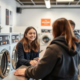 A girl with brown hair, engaging kindly with clients in a welcoming laundromat