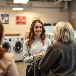 A girl with brown hair, engaging kindly with clients in a welcoming laundromat