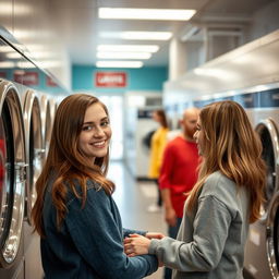 A girl with brown hair, engaging kindly with clients in a welcoming laundromat