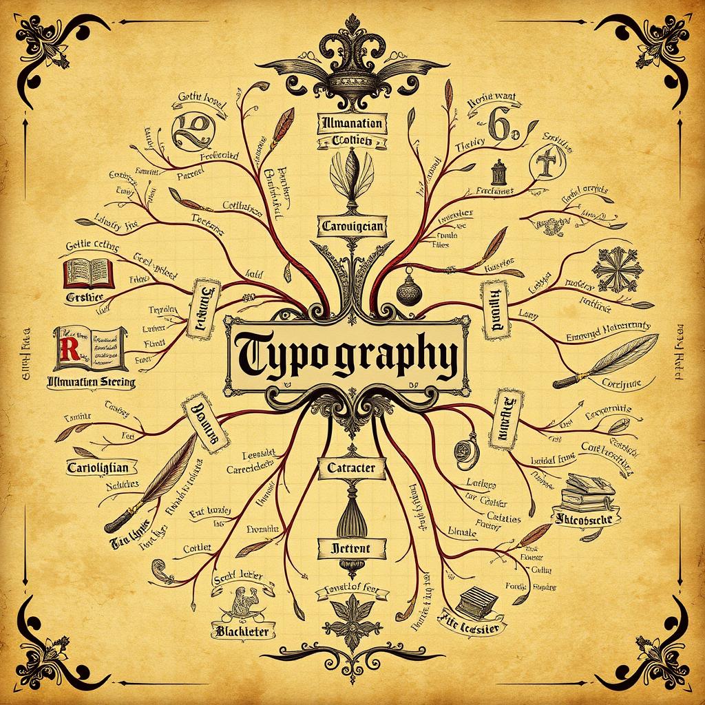 An intricate medieval-themed mind map centered around typography, incorporating elements like illuminated manuscripts and ornate letterforms from medieval scripts