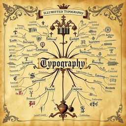 An intricate medieval-themed mind map centered around typography, incorporating elements like illuminated manuscripts and ornate letterforms from medieval scripts