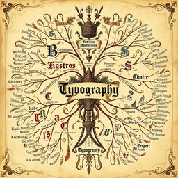 An intricate medieval-themed mind map centered around typography, incorporating elements like illuminated manuscripts and ornate letterforms from medieval scripts