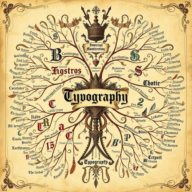 An intricate medieval-themed mind map centered around typography, incorporating elements like illuminated manuscripts and ornate letterforms from medieval scripts