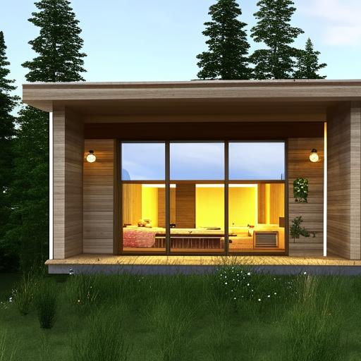 A cozy wooden mountain home with one large bedroom, two small kids' bedrooms, one full bathroom, one half bathroom, a spacious living room, kitchen, and dining area. The front of the home is made of glass, depicting various perspectives of the design.