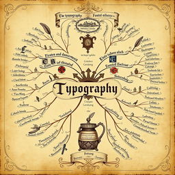 An intricate medieval-themed mind map centered around typography, incorporating elements like illuminated manuscripts and ornate letterforms from medieval scripts