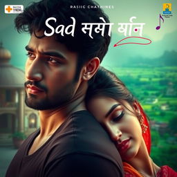 A music video poster for an Indian sad romantic song, featuring a couple in an emotional embrace