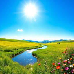 A vibrant summer landscape, with lush green fields under a clear blue sky