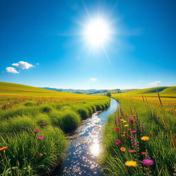 A vibrant summer landscape, with lush green fields under a clear blue sky