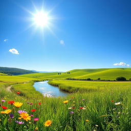 A vibrant summer landscape, with lush green fields under a clear blue sky