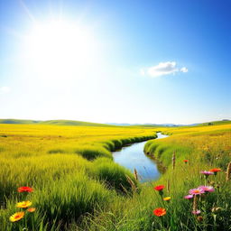 A vibrant summer landscape, with lush green fields under a clear blue sky