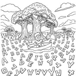 A surreal coloring page featuring a young boy sailing joyfully in a vast sea of alphabet soup, navigating with two enormous forks as paddles