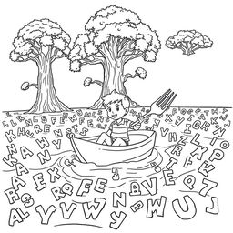 A surreal coloring page featuring a young boy sailing joyfully in a vast sea of alphabet soup, navigating with two enormous forks as paddles