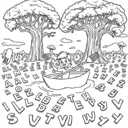 A surreal coloring page featuring a young boy sailing joyfully in a vast sea of alphabet soup, navigating with two enormous forks as paddles