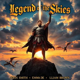 An epic movie poster featuring a heroic warrior standing triumphantly on a mountain top with a sword raised high in the sky, dramatic clouds and a sunset in the background