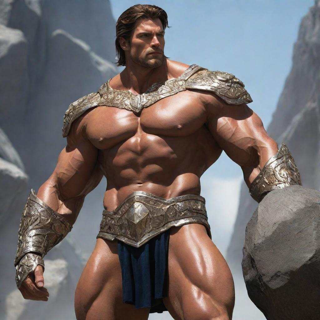 The demigod's muscles bulge even more. Embellished in radiant armor, his strength is amplified, lifting a massive boulder with ease.