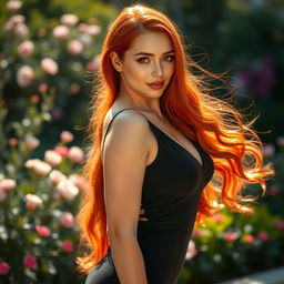 A stunning red-haired woman with voluptuous curves, long flowing crimson hair, and a confident pose